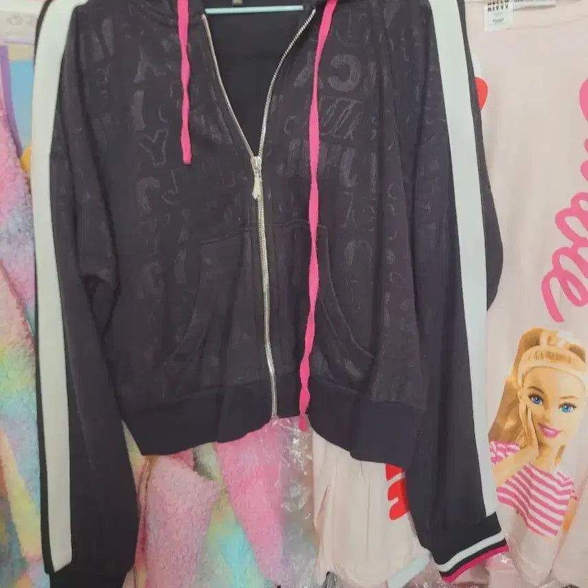 [BUNJANG] Juicy Couture Zip-Up Hoodie Black Pink Drawstring Size S / 쥬시꾸띄르 집업 검정 핑크색 끈S
