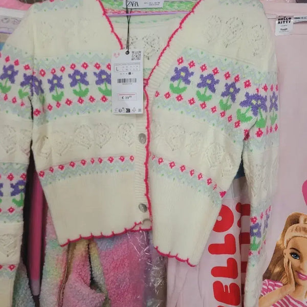 [BUNJANG] Zara Floral Pattern Knit Cardigan - Ivory - Size L / 자라 니트 가디건 아이보리 플라워 패턴L