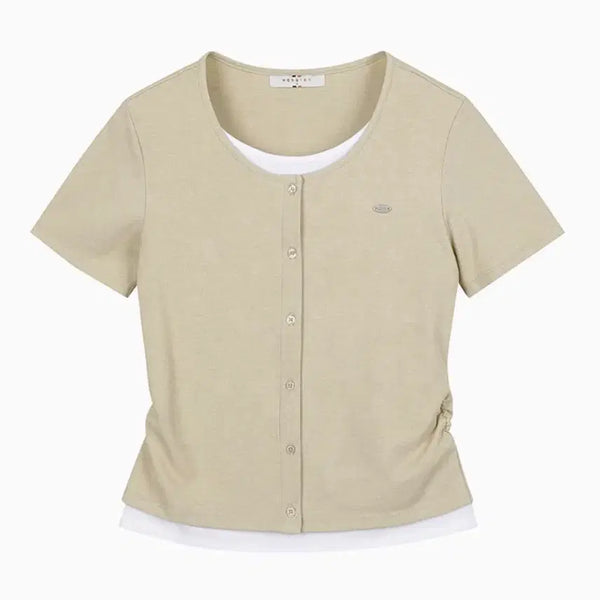 [BUNJANG] Slim Fit Layered Short Sleeve T-Shirt - Beige / 슬림핏 가디건 레이어드 반팔 티셔츠 베이지