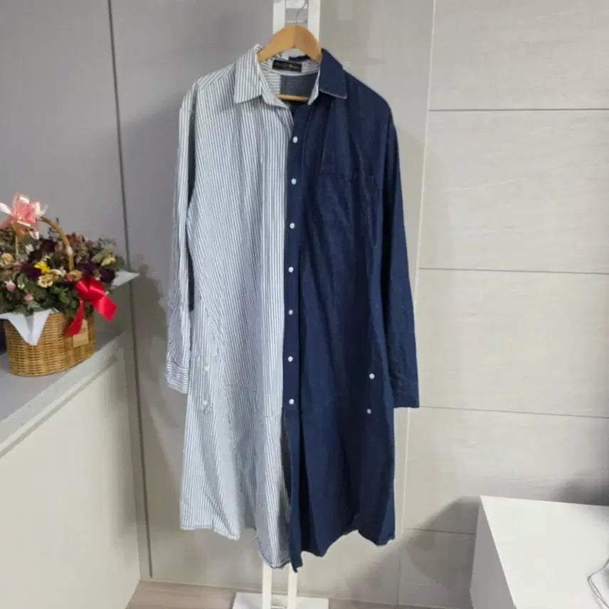[BUNJANG] Merci Jay Boutique Stripe Denim Mix Shirt Dress / 메르시제이부티크 스트라이프 데님 배색 셔츠 원피스