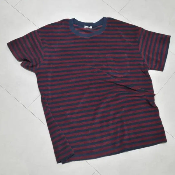 [BUNJANG] BRUMAN Terry Material Short Sleeve T-Shirt Navy/Burgundy Stripe M Size / 브루먼 티셔츠 테리소재 m사이즈