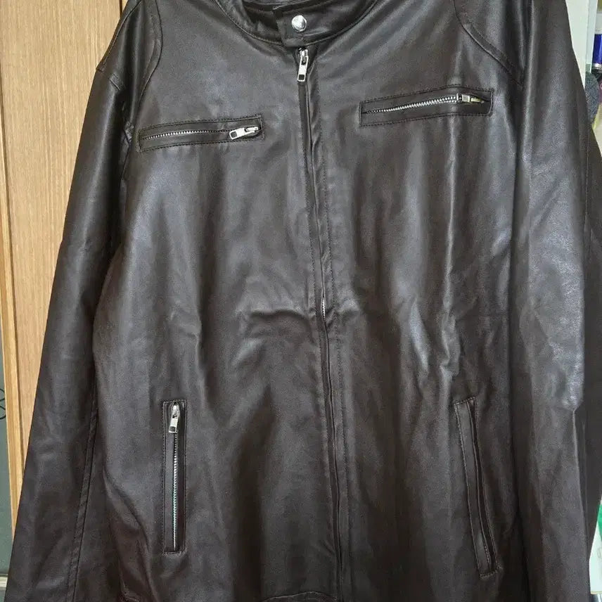 [BUNJANG] Men's Brown Faux Leather Rider Jacket / 남성 브라운 레더 자켓 / 인조가죽 라이더 (가단 58, 총장 69)