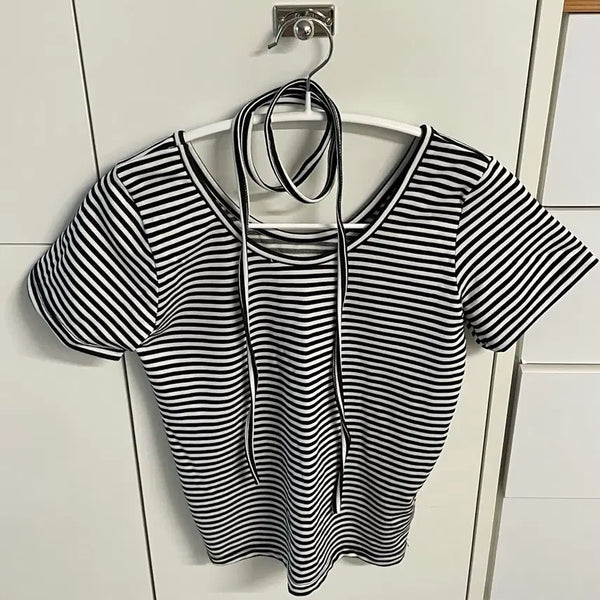 [BUNJANG] Striped U-Neck Short-Sleeve T-Shirt / 단가라 유넥반팔티
