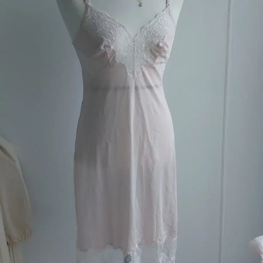 [BUNJANG] Japanese Vintage Chiffon Lingerie Slip with Pink Lace / [일본빈티지] 쉬폰 란제리 슬립 핑크 레이스