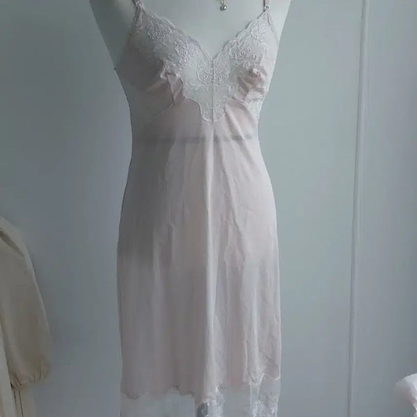 [BUNJANG] Japanese Vintage Chiffon Lingerie Slip with Pink Lace / [일본빈티지] 쉬폰 란제리 슬립 핑크 레이스