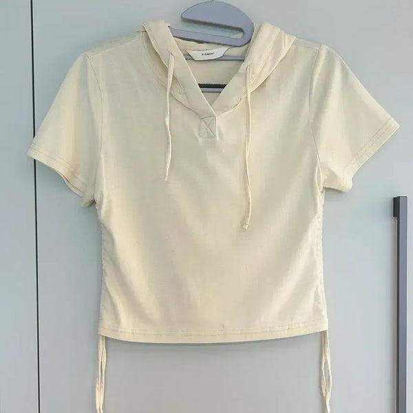 [BUNJANG] PIGMENT Pigment Crop Half-Sleeve String Hoodie T-Shirt / 피그먼트 크롭 반팔 스트링 후드티