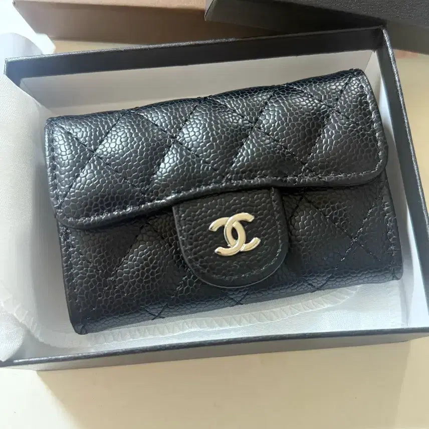 [BUNJANG] Women's Caviar Leather Cardholder Black (Silver or Gold Hardware) / 여성 카드지갑 캐비어 블랙 은장 금장 택1