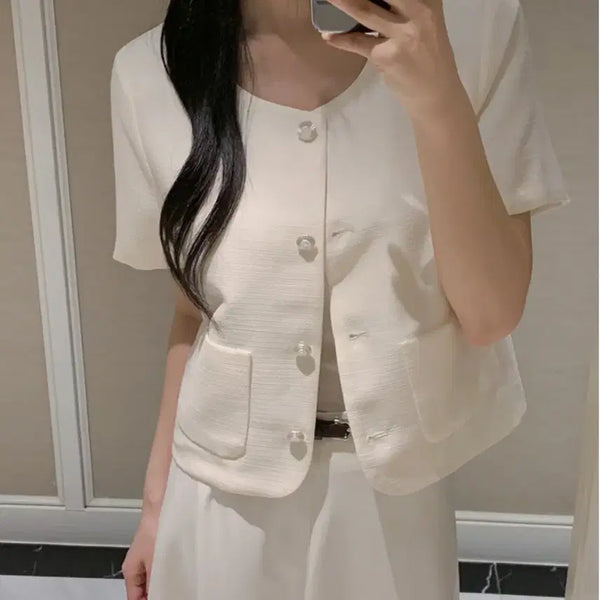[BUNJANG] Tweed Round Neck Short Sleeve Jacket / [ 트위드 라운드넥 반팔 자켓 ]