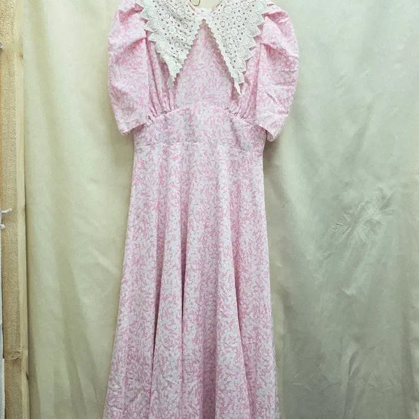 [BUNJANG] Lace Collar Pink Pattern Dress / 레이스 칼라 핑크 패턴 원피스