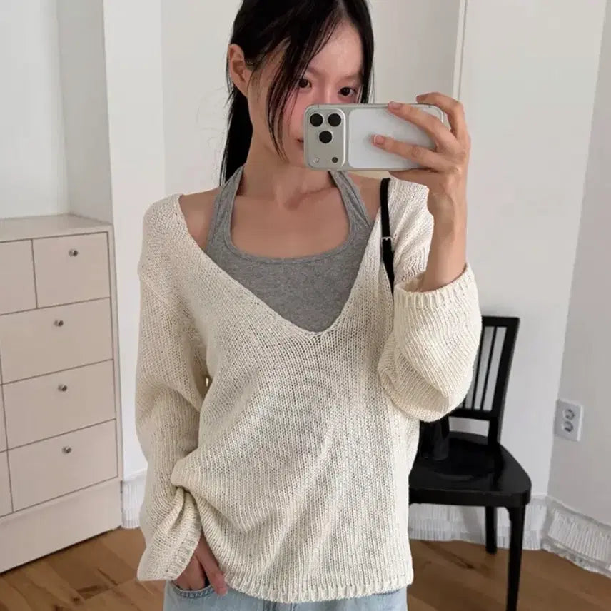 [BUNJANG] Coard Deep V-Neck Linen Knit Ivory / 코어드 딥 브이넥 린넨 니트 아이보리