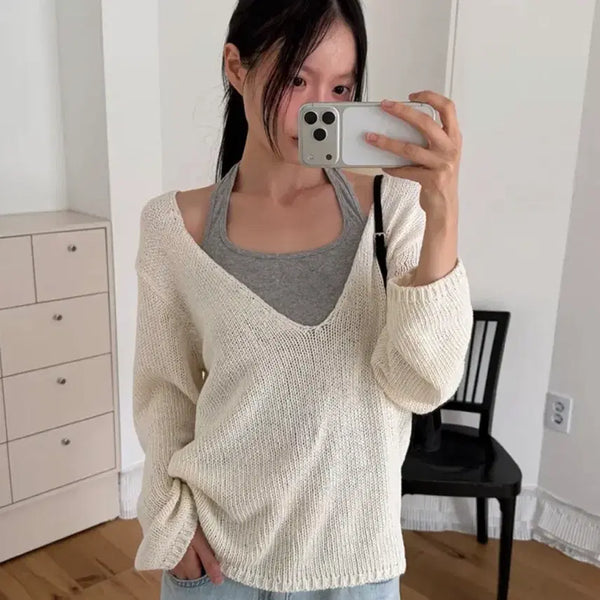 [BUNJANG] Coard Deep V-Neck Linen Knit Ivory / 코어드 딥 브이넥 린넨 니트 아이보리
