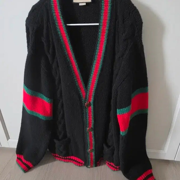 [BUNJANG] Gucci Cable Knit Cardigan Black Red Green / 구찌 니트 가디건 블랙/레드/그린 M