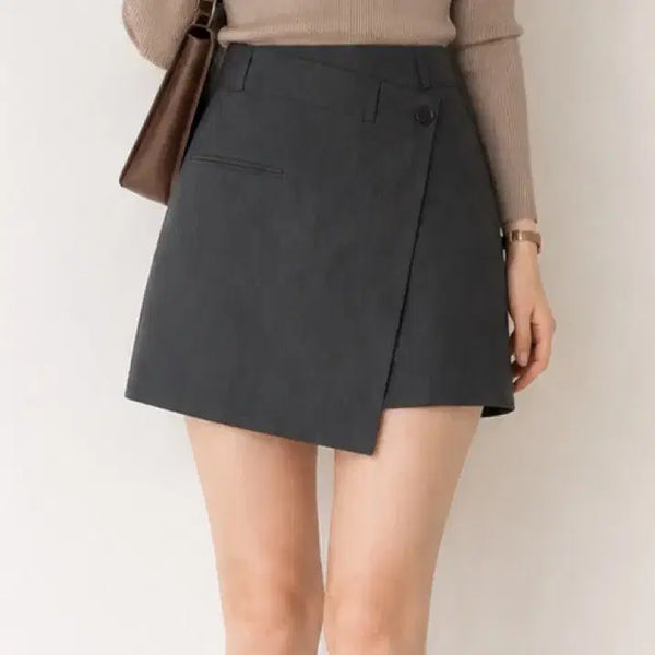 [BUNJANG] Charcoal Asymmetrical Wrap Mini Skirt - Size M / 새상품 ) 차콜 언발 랩 미니스커트 M | 사선 랩 디자인 가을 치마