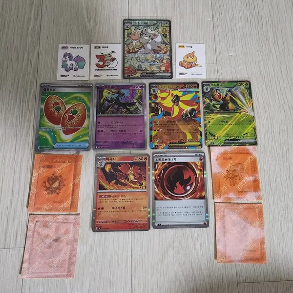 [BUNJANG] Assorted Pokémon TCG Cards and Stickers Bundle / 치라치노ex sar,마폭시 R,제르네아스R,메가화염레오ex RR,절친 포핀 sr,독침봉ex RR, 두두 띠부씰,페르시온 띠부씰,고오스 띠부씰,이브이 띠부씰,따라큐 띠부씰 묶음 판매