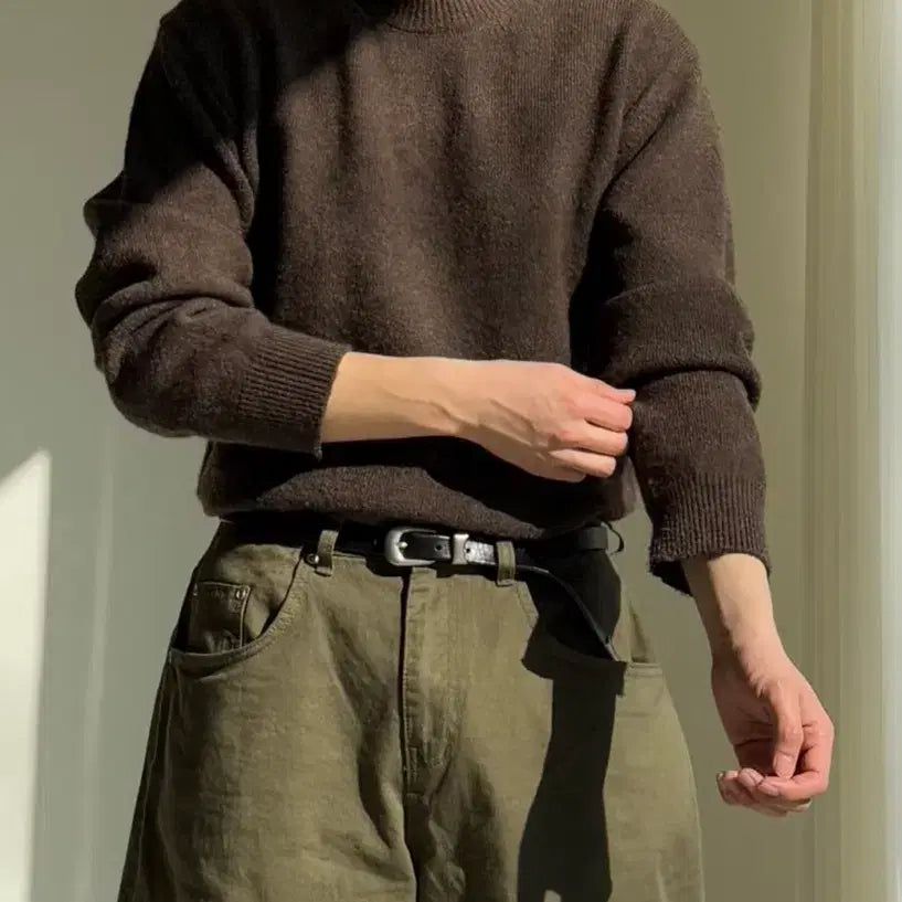 [BUNJANG] Record Slow Basic Soft Round Knit Brown XL / 레코드 슬로우 베이직 소프트 라운드 니트 브라운