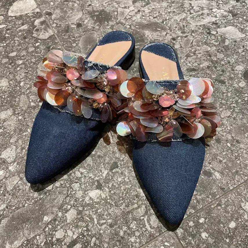 [BUNJANG] ANOUKI Denim Beaded Mule Slippers Size 36 / ANOUKI 데님 뮬 슬리퍼