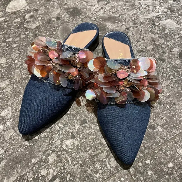 [BUNJANG] ANOUKI Denim Beaded Mule Slippers Size 36 / ANOUKI 데님 뮬 슬리퍼