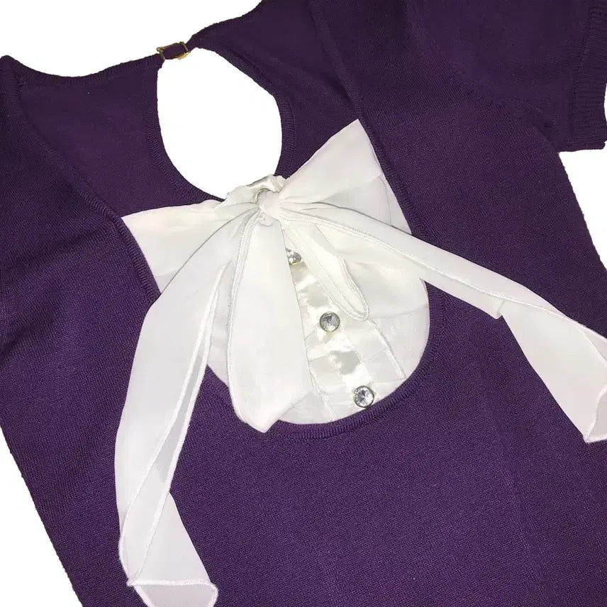 [BUNJANG] Japanese Vintage Gal Style Purple Knit Short Sleeve T-Shirt with Ribbon Detail / Japanese Vintage 일본 빈티지 갸루풍 리본 퍼플 니트 반팔티