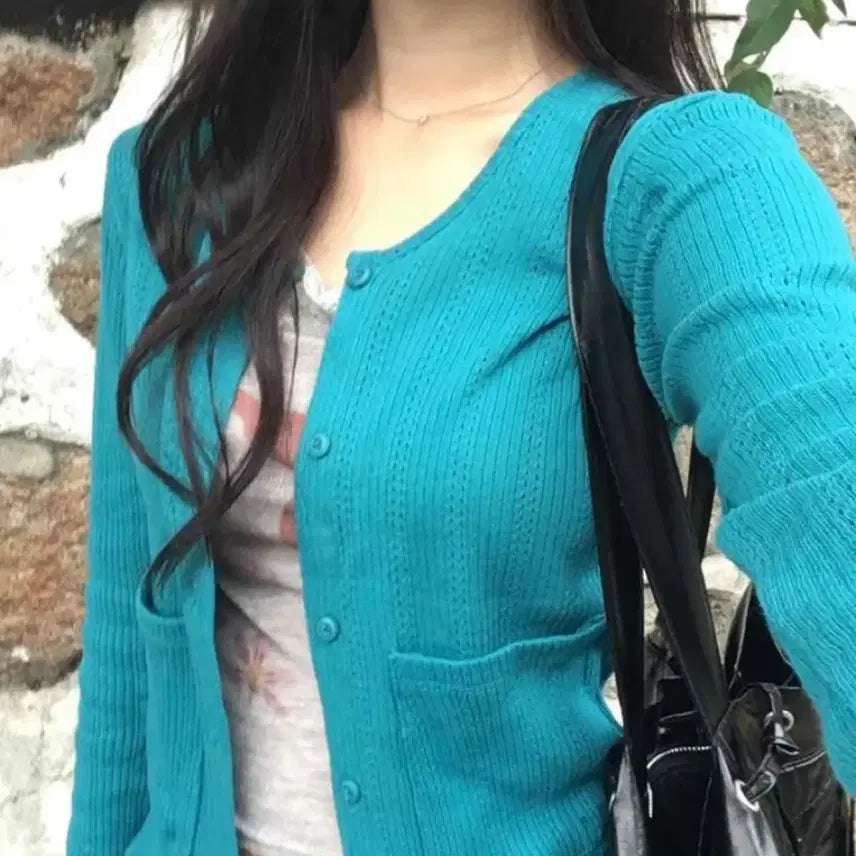 [BUNJANG] Mint Flower Punching Pocket Knit Cardigan / (에누리가능!) 민트 플라워 청록 민트코어 펀칭 포켓 니트 가디건