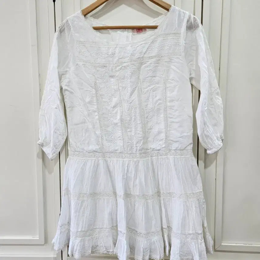 [BUNJANG] LDS White Cotton Lace Tiered Dress / LDS 화이트 코튼 레이스 티어드 원피스