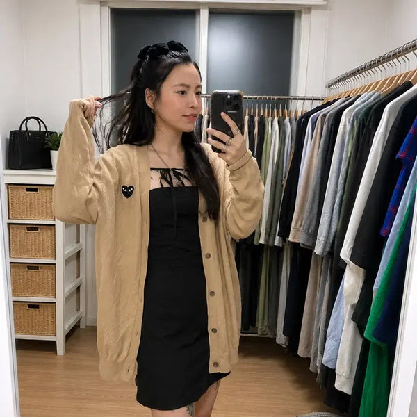 [BUNJANG] Comme des Garçons PLAY Black Heart Cotton Cardigan Beige Size M / 꼼데가르송 (COMME des GARcONS PLAY)PLAY 블랙하트 베이지 코튼 가디건 M / 일본제