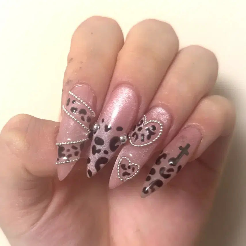 [BUNJANG] Handmade Gel Nail Tips - Pink Gyaru Leopard Print with Magnetic Gel / 수제 네일팁 핑크 갸루 호피 자석젤 네일