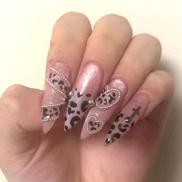 [BUNJANG] Handmade Gel Nail Tips - Pink Gyaru Leopard Print with Magnetic Gel / 수제 네일팁 핑크 갸루 호피 자석젤 네일