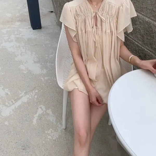 [BUNJANG] Ruffle Shirring See-through Ribbon Blouse / 러플 셔링 시스루 리본 블라우스
