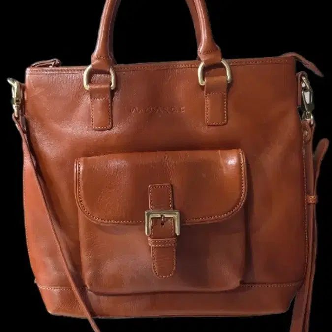 [BUNJANG] Monsac Leather Tote Shoulder Crossbody Bag with Strap / 몽삭 소가죽 브라운 토트백 숄더백 크로스백 끈포함