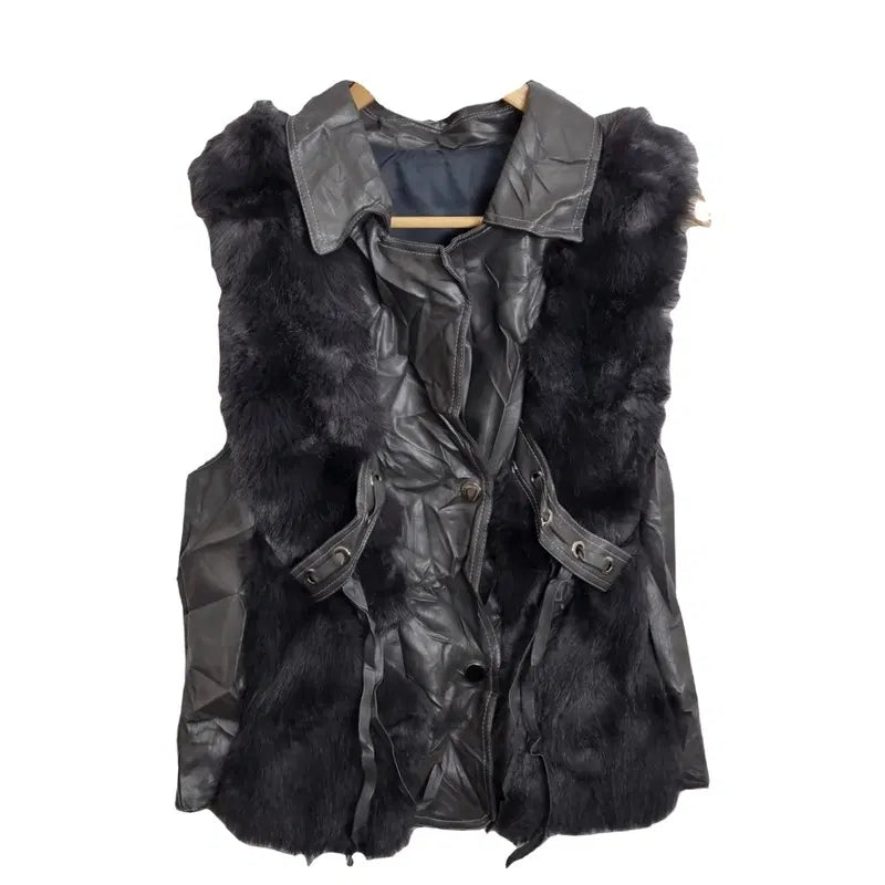 [BUNJANG] CONTE Black Fur Trimmed Leather Vest [M] / CONTE 블랙 퍼 트리밍 레더 베스트 조끼 [M] 유니크 가죽 털베스트