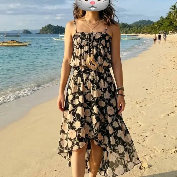 [BUNJANG] Chiffon Floral Pattern Smocked Uneven Long Dress / 스모킹 언밸 쉬폰 롱원피스 S