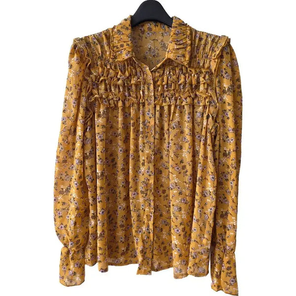 [BUNJANG] Camel Floral Collar Shirring Blouse / F/카멜 꽃무늬 카라셔링 블라우스