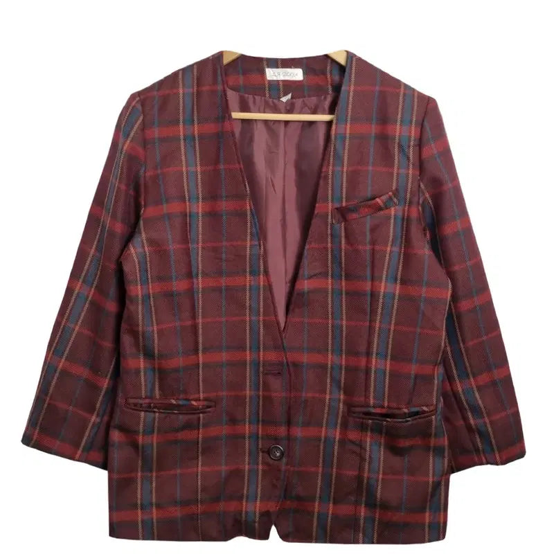 [BUNJANG] LA PLAYA Vintage Wool 100% Retro Check Blazer / LA PLAYA 빈티지 와인 노카라 블레이저 [L] 울 100% 레트로 체크 자켓