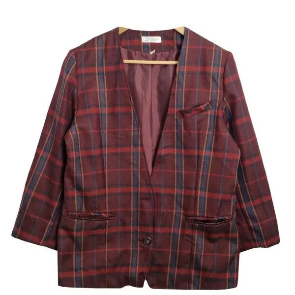 [BUNJANG] LA PLAYA Vintage Wool 100% Retro Check Blazer / LA PLAYA 빈티지 와인 노카라 블레이저 [L] 울 100% 레트로 체크 자켓