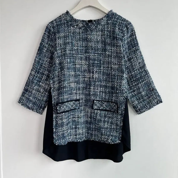 [BUNJANG] Tweed Color-Block 7/10 Sleeve Blouse (Size 66) / 트위드 배색 7부 소매 블라우스 66