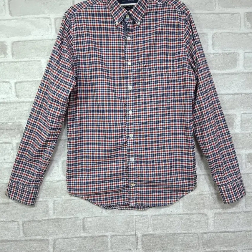 [BUNJANG] Tommy Hilfiger Men's Slim Fit Navy Red Check Button-Down Shirt (Size S) / 타미힐피거 남성 체크 셔츠 S 슬림핏 네이비 레드 체크