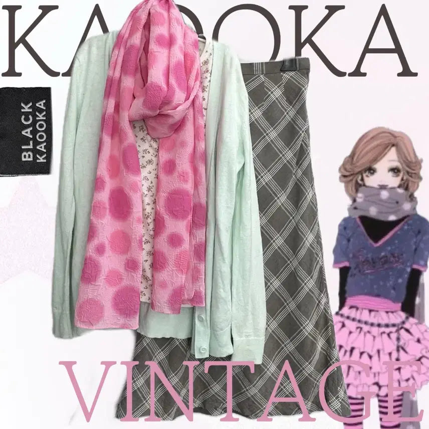 [BUNJANG] Kaooka Black Label Japanese Vintage Mint Check Skirt & T-Shirt & Cardigan & Muffler Set / 일본빈티지 러블리 나나 하치 머플러 민트 체크스커트 로맨스 코디세트