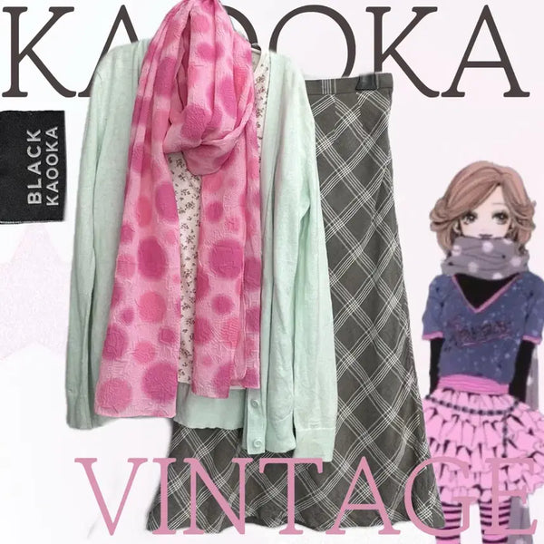 [BUNJANG] Kaooka Black Label Japanese Vintage Mint Check Skirt & T-Shirt & Cardigan & Muffler Set / 일본빈티지 러블리 나나 하치 머플러 민트 체크스커트 로맨스 코디세트