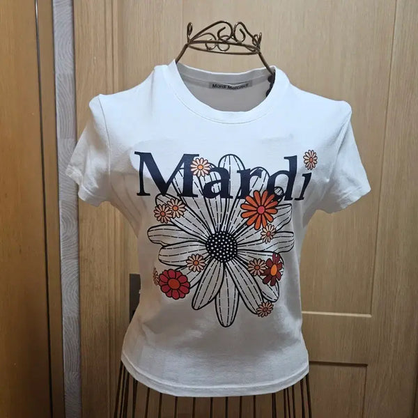[BUNJANG] Mardi Mercredi Flower Slim Fit Short Sleeve T-Shirt White / 마르디 메크르디 플라워 메크르디 슬림핏 반팔 티셔츠 화이트 (Free)