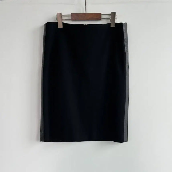 [BUNJANG] Jigott Real Cowhide Wool Color-block Midi Skirt / 지고트 리얼 소가죽 울 H라인 배색 미디 스커트
