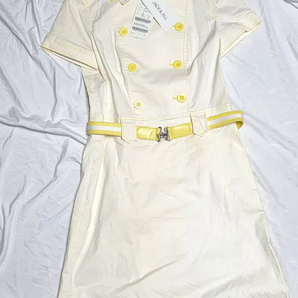 [BUNJANG] JACK & JILL Off-White Yellow Button Double-Breasted Half-Sleeve Dress (Size 55) / (새상품)55사이즈 JACK & JILL 오프화이트 옐로우 포인트 더블 버튼 하프 슬리브 원피스
