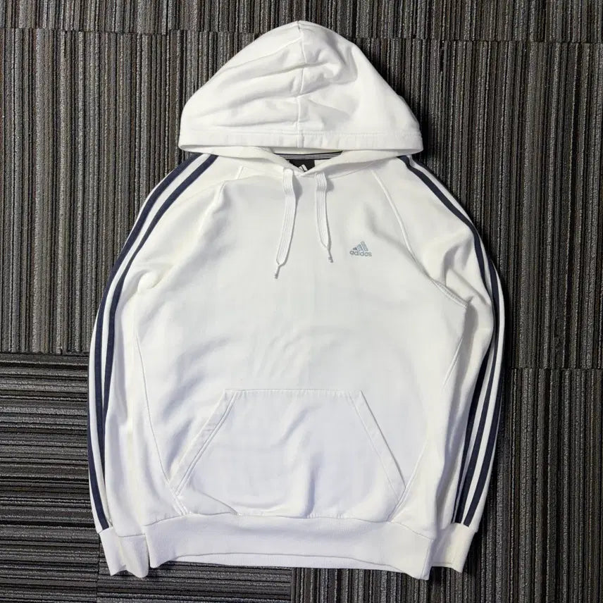 [BUNJANG] Adidas White Three-Stripes Logo Hoodie / 아디다스 화이트 삼선 로고 후드티