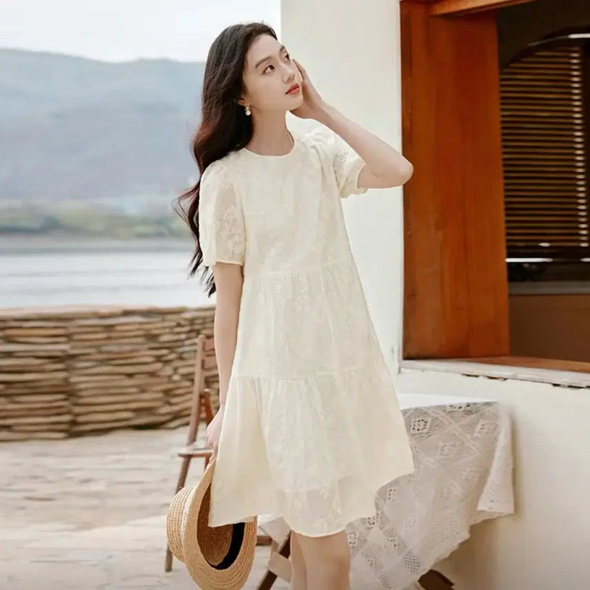 [BUNJANG] Tencel Bubble Sleeve Dolli Skirt Short Sleeve Dress - Ivory / 중공 자수 텐셀 버블 소매 돌리 스커트 반소매 원피스 아이보리