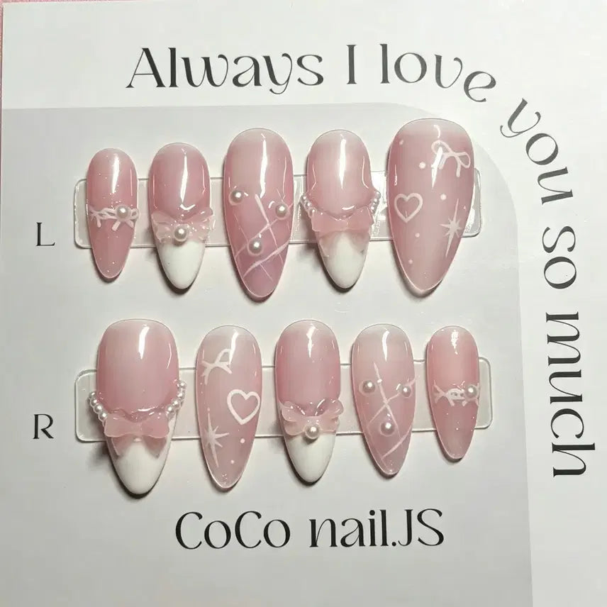[BUNJANG] Pink Nail Art Tips with Heart, Star, and Ribbon Designs / 핑크 네일아트