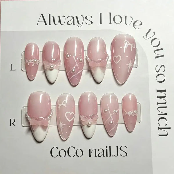 [BUNJANG] Pink Nail Art Tips with Heart, Star, and Ribbon Designs / 핑크 네일아트