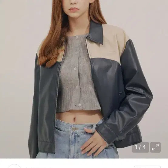 [BUNJANG] Delicent Colorblock Leather Jacket / 델리센트 배색 레더자켓