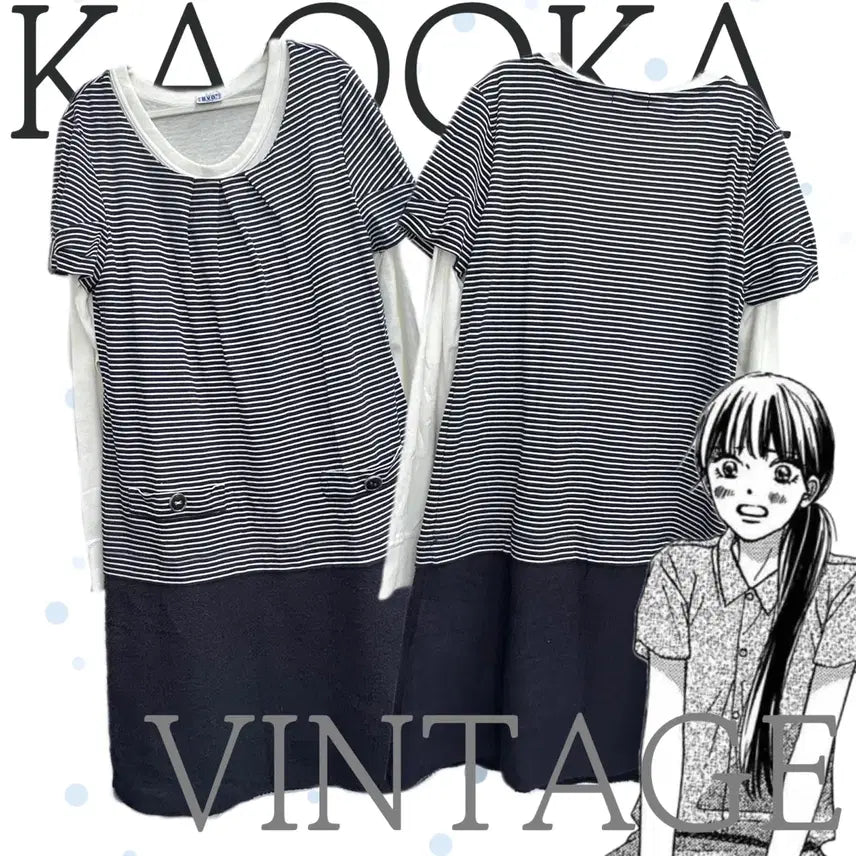 [BUNJANG] Japanese Vintage Layered Stripe Navy Dress Coordi Set / 일본빈티지 청순 사와코 레이어드 스트라이프 네이비 원피스 코디세트