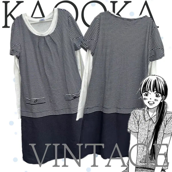 [BUNJANG] Japanese Vintage Layered Stripe Navy Dress Coordi Set / 일본빈티지 청순 사와코 레이어드 스트라이프 네이비 원피스 코디세트