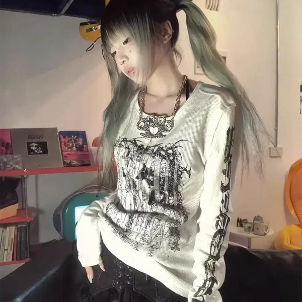 [BUNJANG] Gothic Vintage Screen Print Long Sleeve Waffle T-Shirt / 고딕 빈티지 스크린 프린트 와플 긴팔 티셔츠