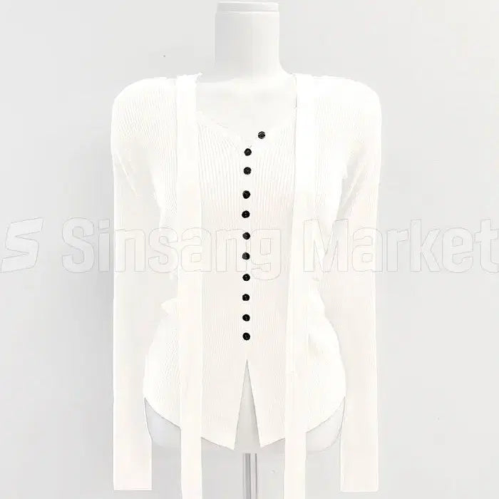 [BUNJANG] Slim Fit Strap Button Knit Top (White, Navy) / [빠른발송] 슬림핏 스트랩 버튼 니트 NT 1584 화이트 네이비 컬러추
